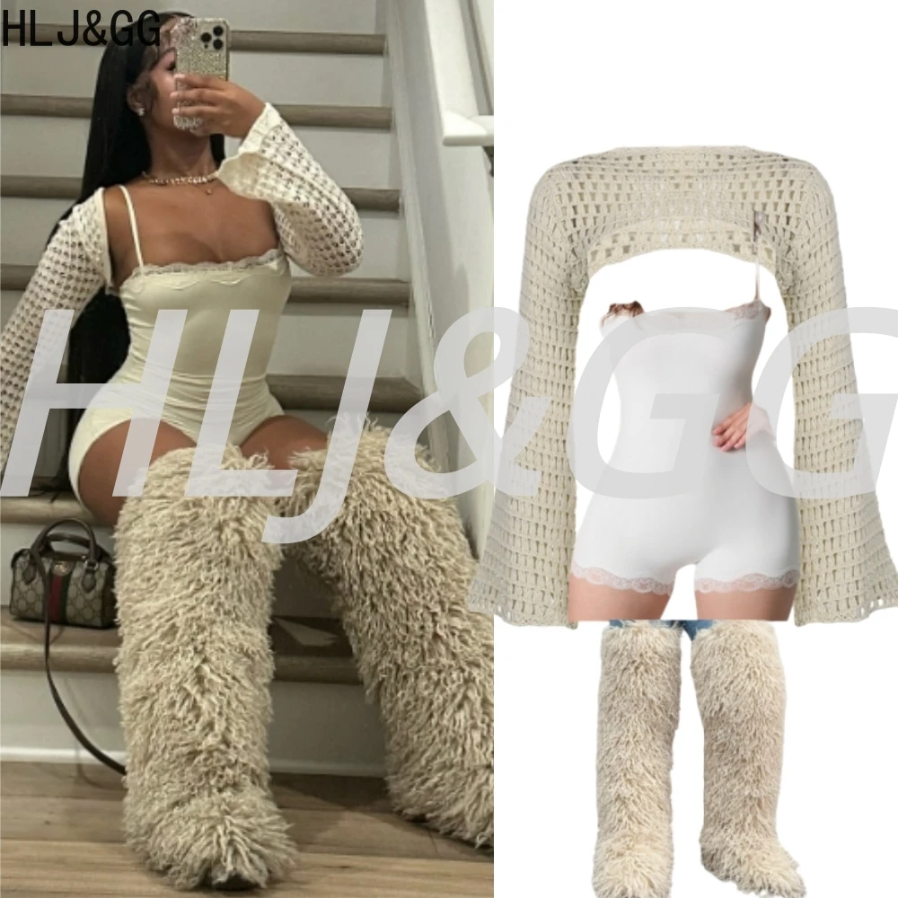 

HLJ&GG Fashion Knitting Hollow Two Piece Sets Women Long Sleeve Top And Spaghetti Strap Bodycon Rompers Outfits Sexy Streetwear