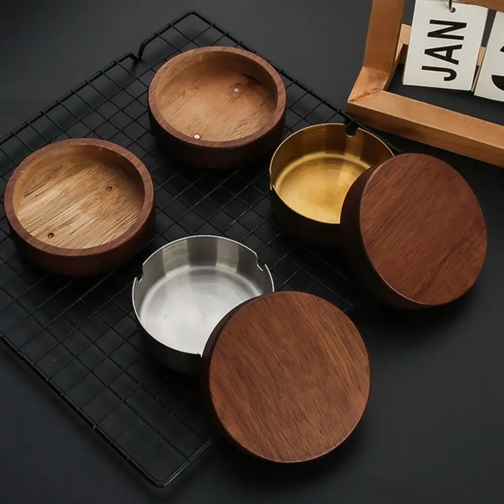 Simple Wood Wooden Ashtray Stainless Steel Liner With Lid Windproof Ashtray Ash Tray Desk Accessories