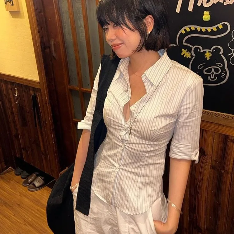

Deeptown Elegant Striped Vintage Women Shirts Half Sleeve Japanese 2000s Style Slim Blouses Y2k Preppy Gyaru Commuter Summer