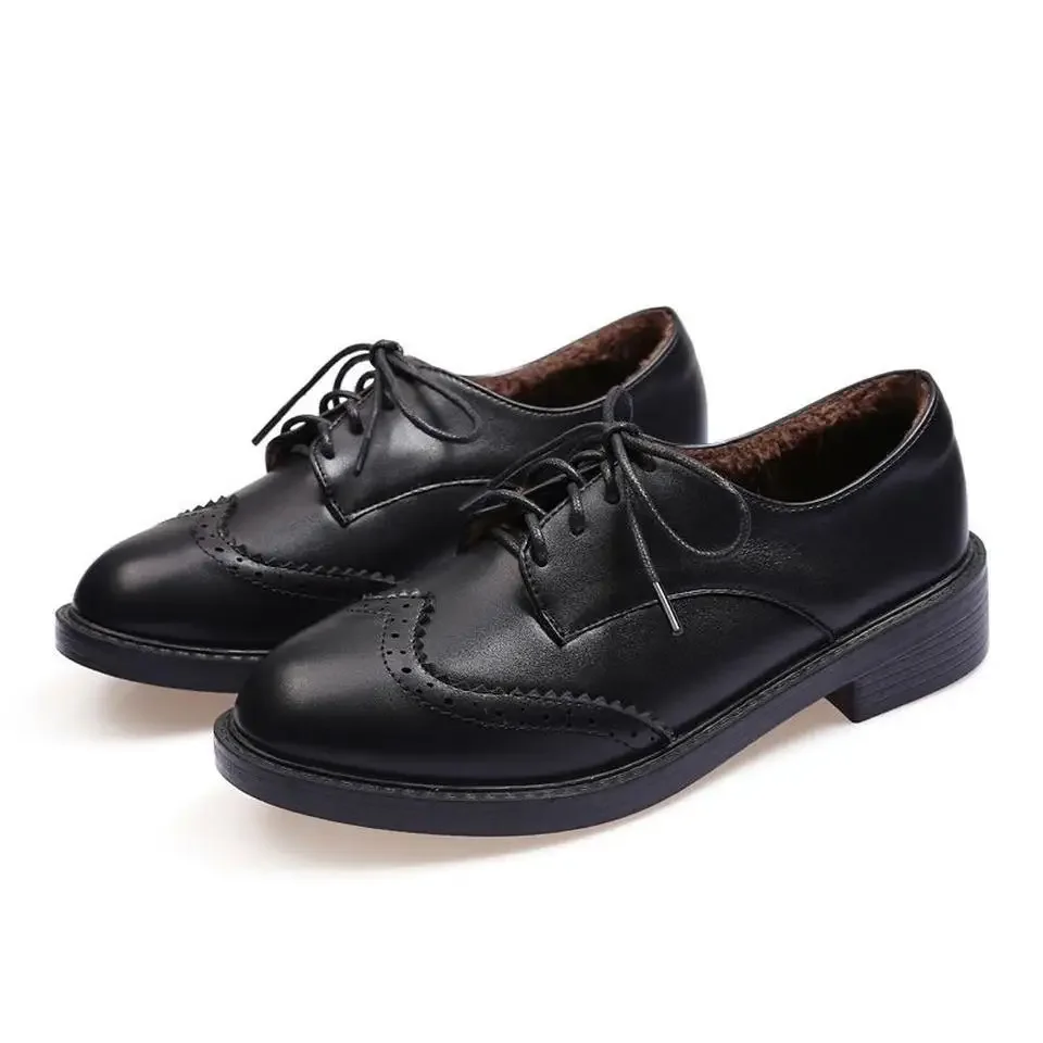Damen Oxford Flats Brogue Leder Schwarze Büroschuhe Frühling Herbst Bequeme Außensohle Damen Ballett Derby Flats – Detail 8