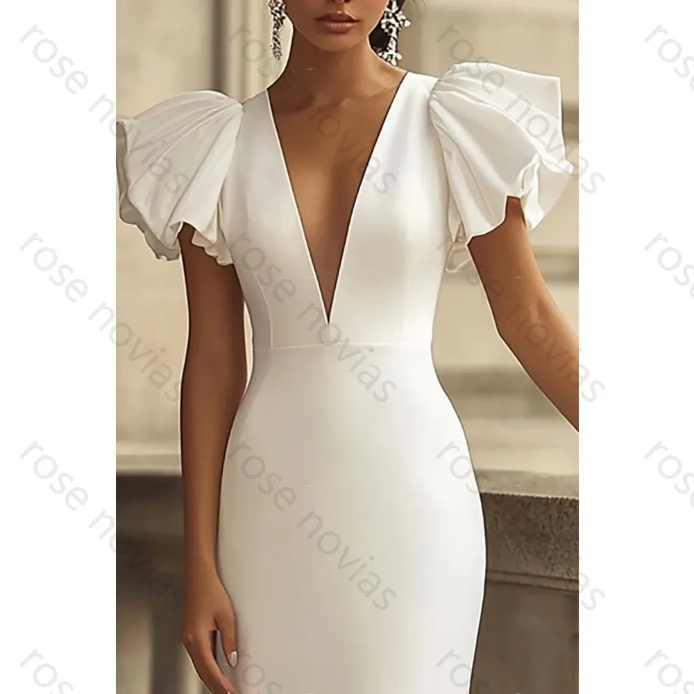 Customized Crepe Wedding Dresses For Bride V-Neck High Quality Simple White Bridal Cheap Mermaid for Ankle-Length Simple