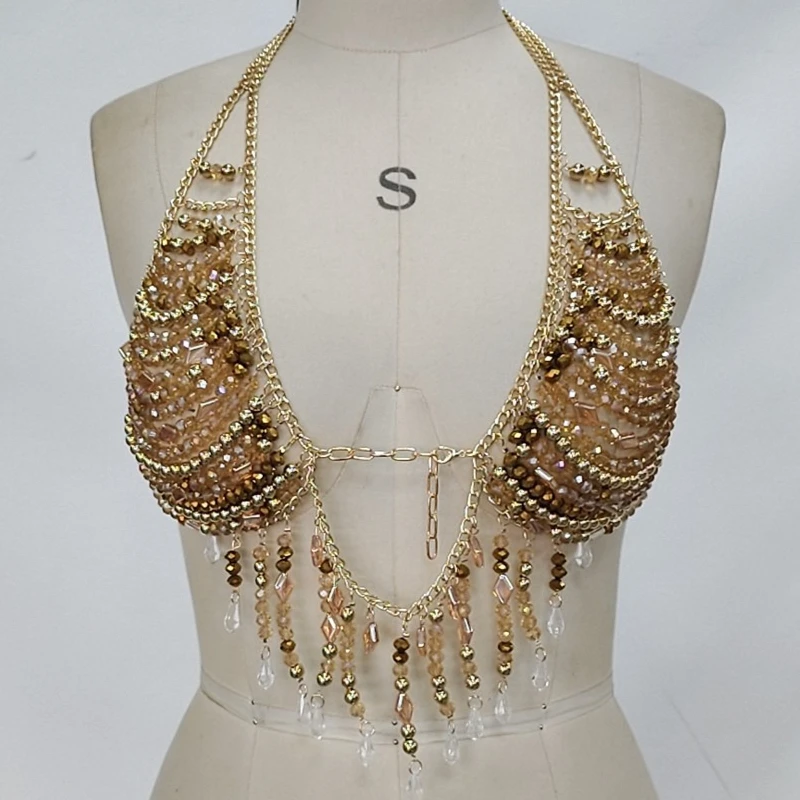 Factory Wholesale Gold Acrylic Beaded Tassel Bra Chain Bikini Breast Tops Camis Ins Hotselling Crystal Tassel Party Body Jewelry