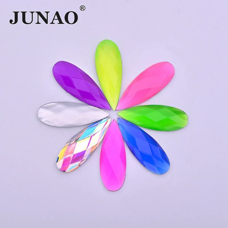 JUNAO 100pc 8*22mm Neon Yellow Tear Drop Rhinestones Applique Flatback Non Hot Fix Crystals Strass Decoration DIY Clothes Crafts