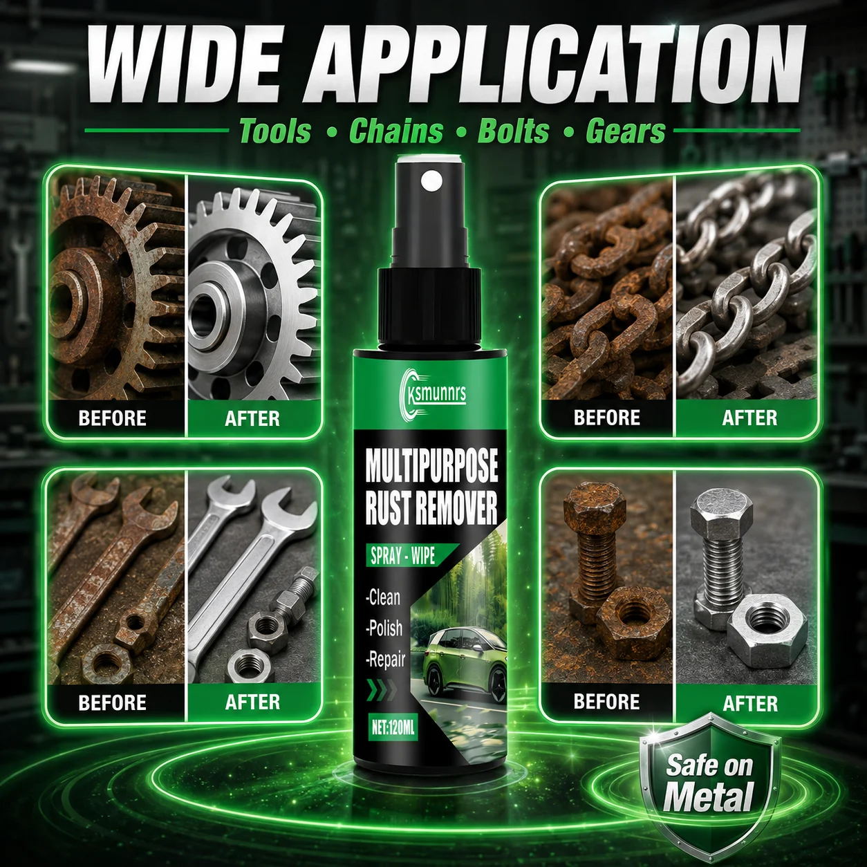 120ml Multipurpose Rust Remover Spray, Clean Polish Repair, for Tools, Chains, Bolts & Gears, Safe on Metal