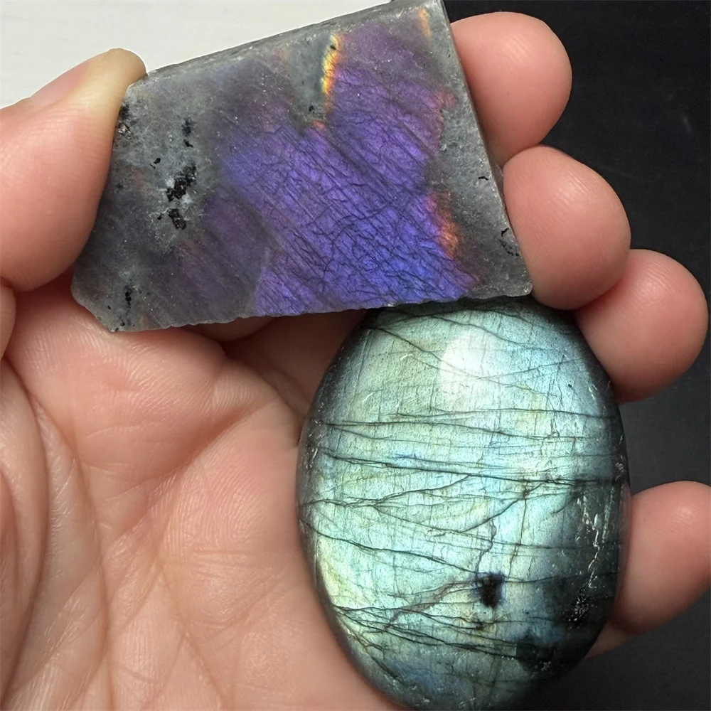 2PCS 1SET Natural Stunning Yellow Blue Light Labradorite Specimen Polished Sliced Purple Orange Light Labrador Beads Ornaments