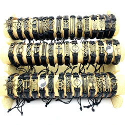 10pcs Leather Cuff Bracelets For Men and Women Handmade Copper Alloy Fashion Jewelry Rope Tie Size Adjustable