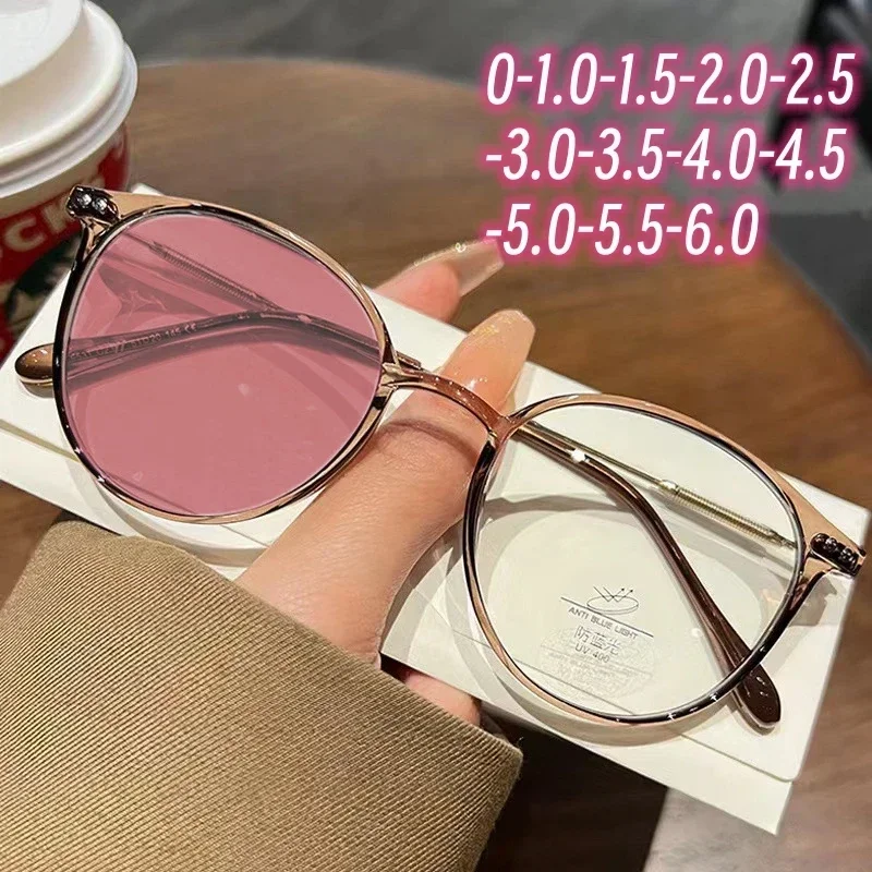 Women Luxury Brand Photochromic Myopia Glasses Vintage Anti Blue Light Near Sight Eyeglasses Fashion Round Frame Eyewear Diopter