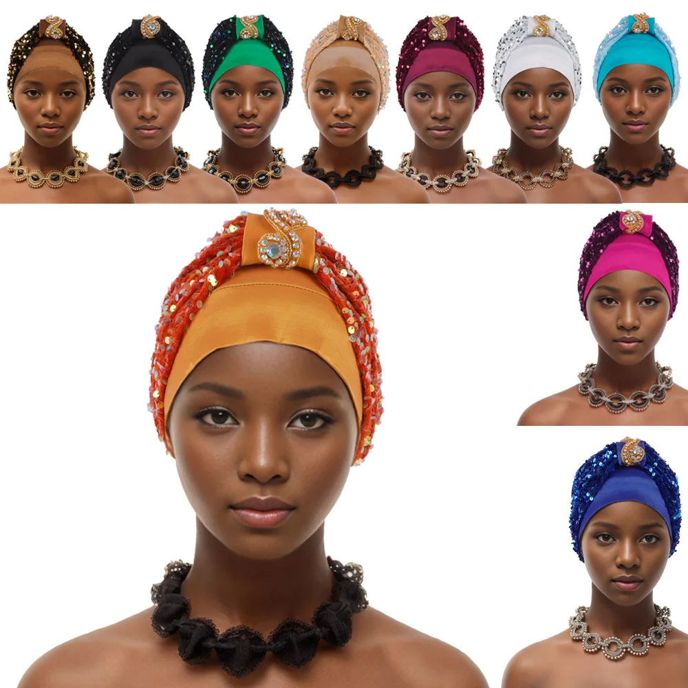 

Nigeria Velvet Diamonds Turban Cap for Women Sequin Headscarf Muslim Hijab African Auto Gele Headties Bonnet Head Wrap Hat Party