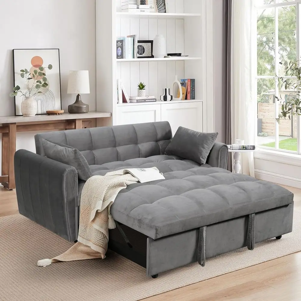 65 Velvet 3-in-1 Convertible Sleeper Sofa with Adjustable Backrest and Padded Armrests for Living Room or Bedroom in Gray