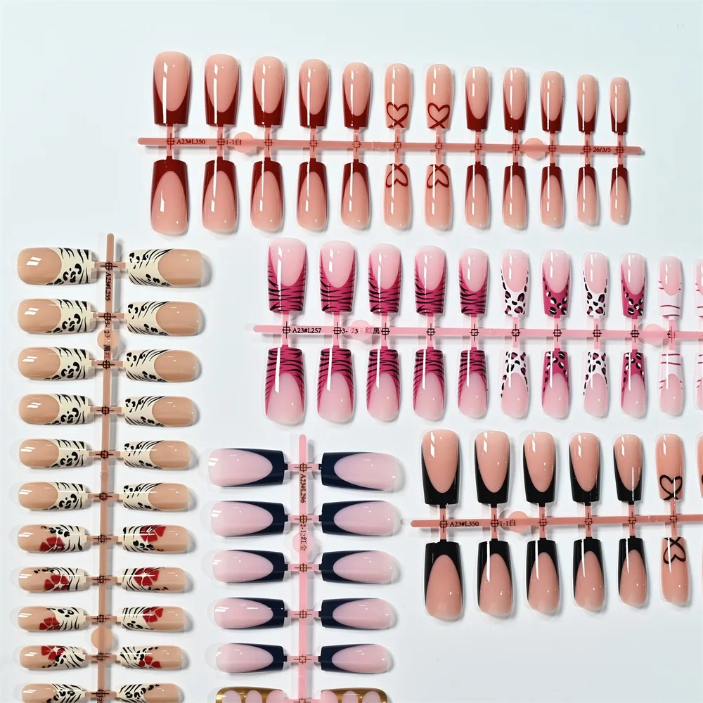 120 Stück lange, quadratische Y2K-Press-On-Nägel in Schwarz-Pink-Ombre mit Kuhmuster & rotem Herz-Dekor, künstliche Nägel mit Feile, wasserfeste Kunstnägel – Detail 4