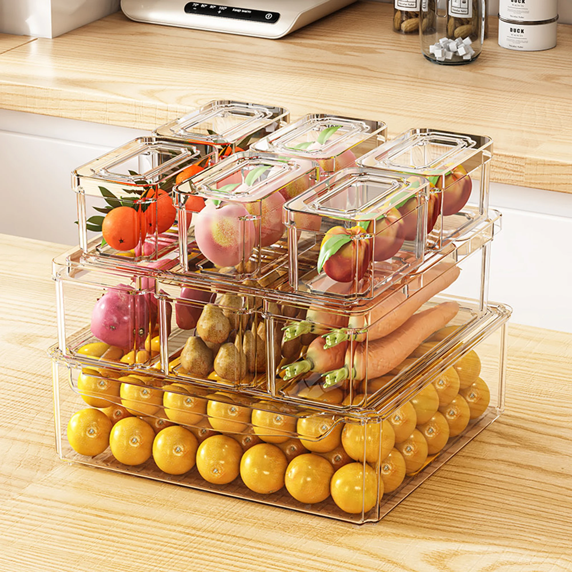 

Набор коробок для хранения в холодильнике, штабелируемые прозрачные герметичные контейнеры для хранения продуктов, портативные многоразовые ящики для хранения с крышками, многофункциональные кухонные коробки для организации и хранения, подходят для фрукто