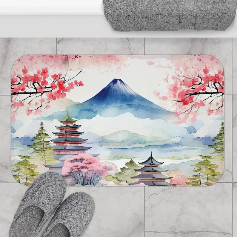 ​​Japanese Sakura Bath Mat – Mt Fuji & Temple Landscape Microfiber Shower Mat,  Japan-Inspired Gift for Women​