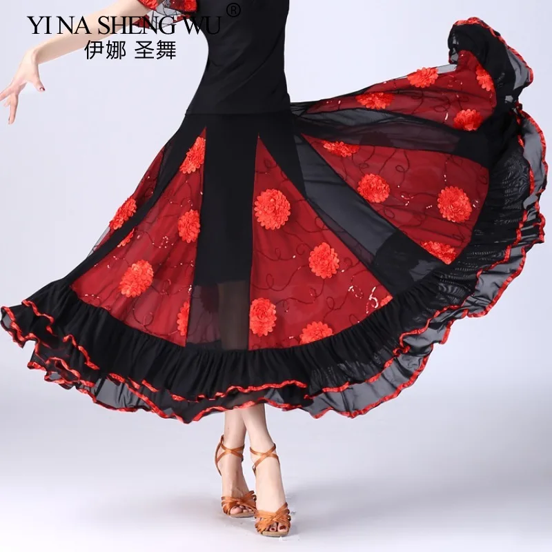 Gonna lunga da danza moderna da donna, valzer di flamenco, sala da ballo, pratica di danza, performance, gonna lunga con fiori altalena, gonna lunga da ballo spagnolo