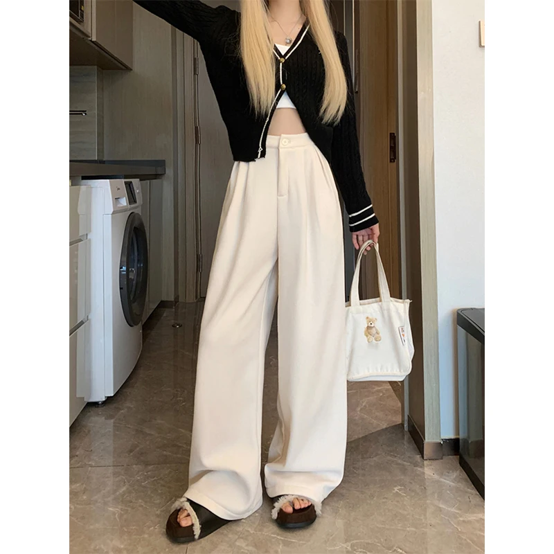 سروال قصير من الصوف بنطال ذو قصة أرجل واسعة للنساء Harajuku ملابس الشارع الشهير سروال فضفاض أسود شتوي عتيق كوري سميك غير رسمي مستقيم
