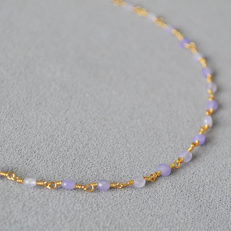 Fashion Elegance Fresh Sweet Lavender Stone Brass Hand Connected Gold-plated Elegant Temperament Simple Necklace Clavicle Chain