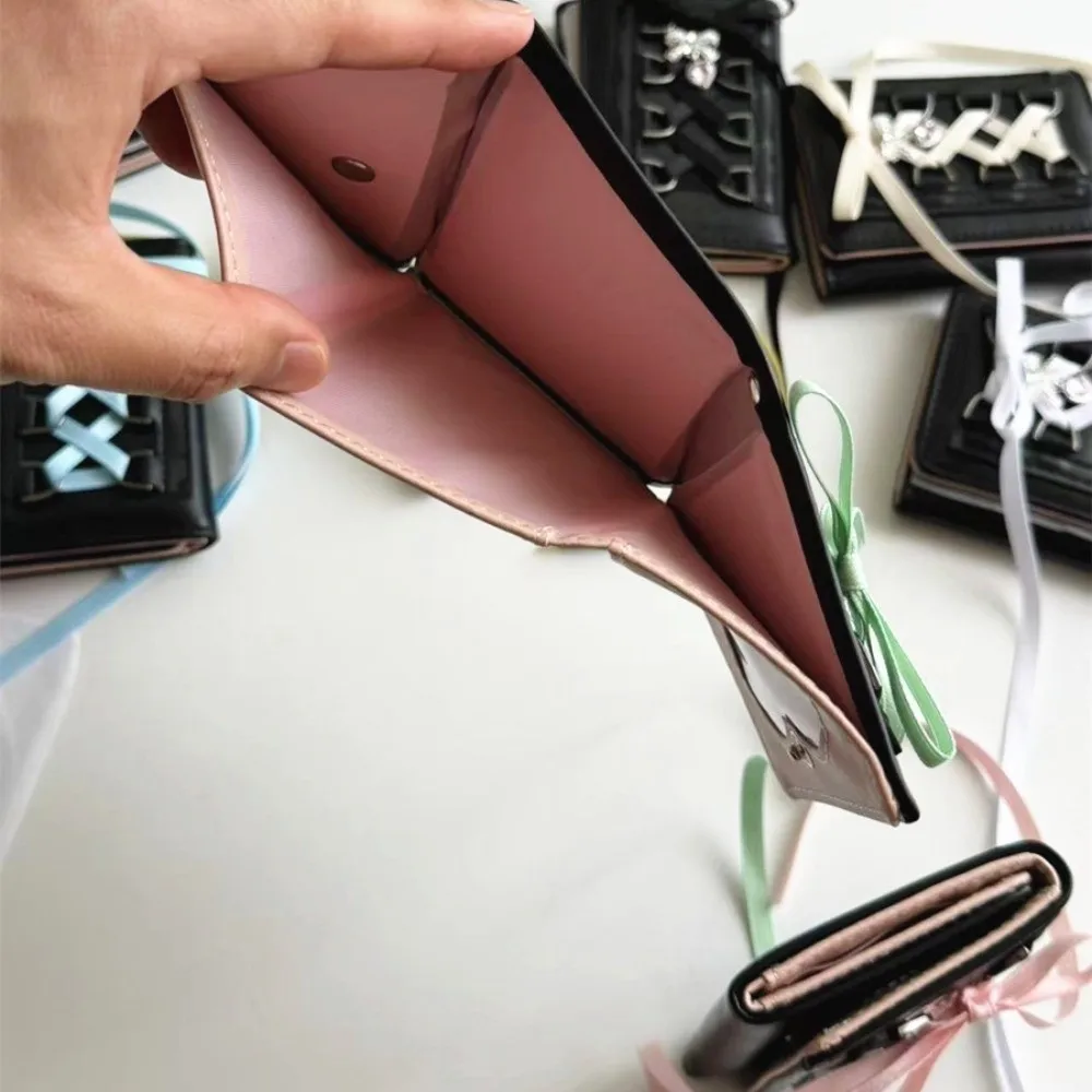 

Korean Style Balletcore Three Fold Wallet Heart Crystal Short Bow Cash Purse Bag PU Leather Silk Ribbon