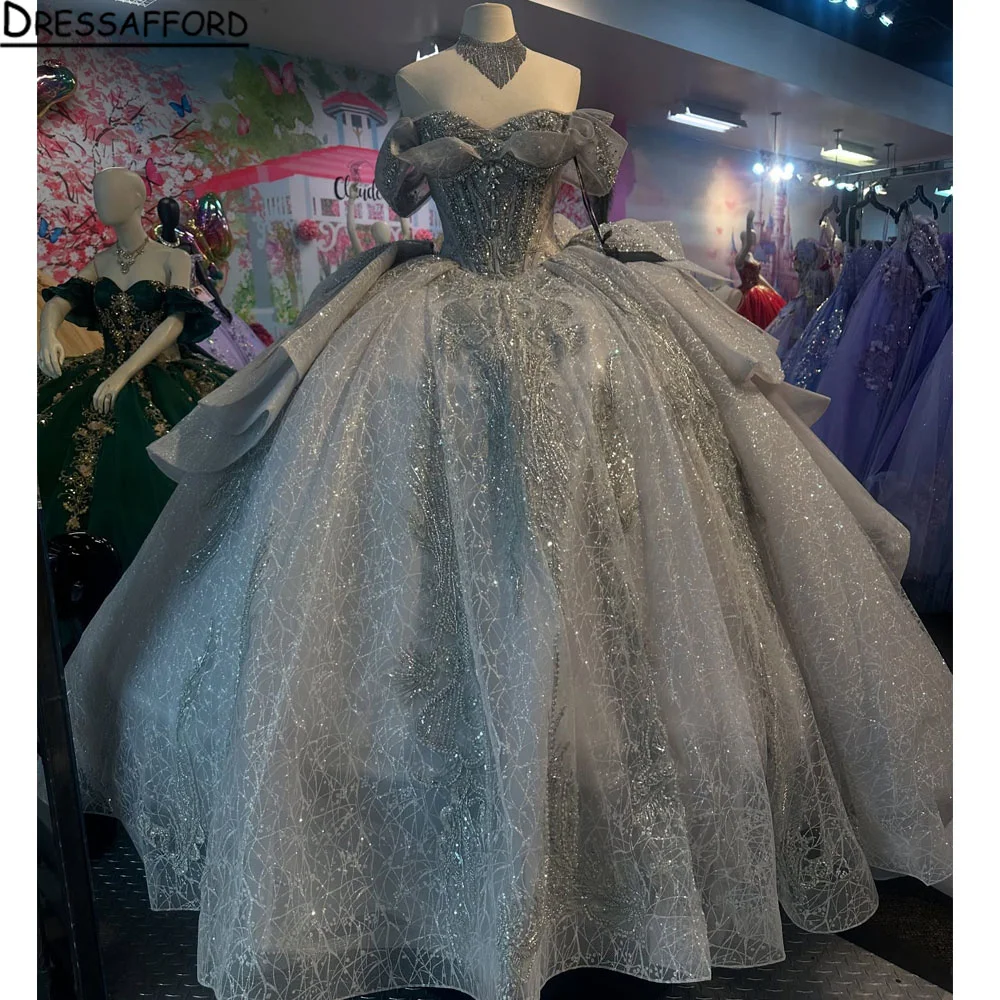 

Gray Quinceanera Dresses Off-Shoulder Shiny Lace Beading Vestidos De 15 Anos Birthday Party Princess