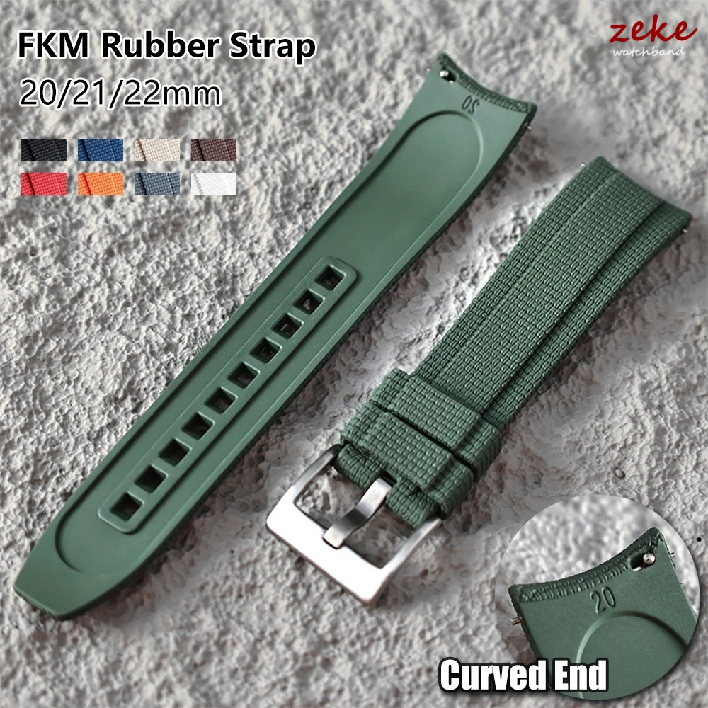 20/21/22mm FKM Rubber Watch Band Arc End Black Green Bracelet for Rolex Quick Release Ribbed Nylon Rubber Watch Strap for Seiko