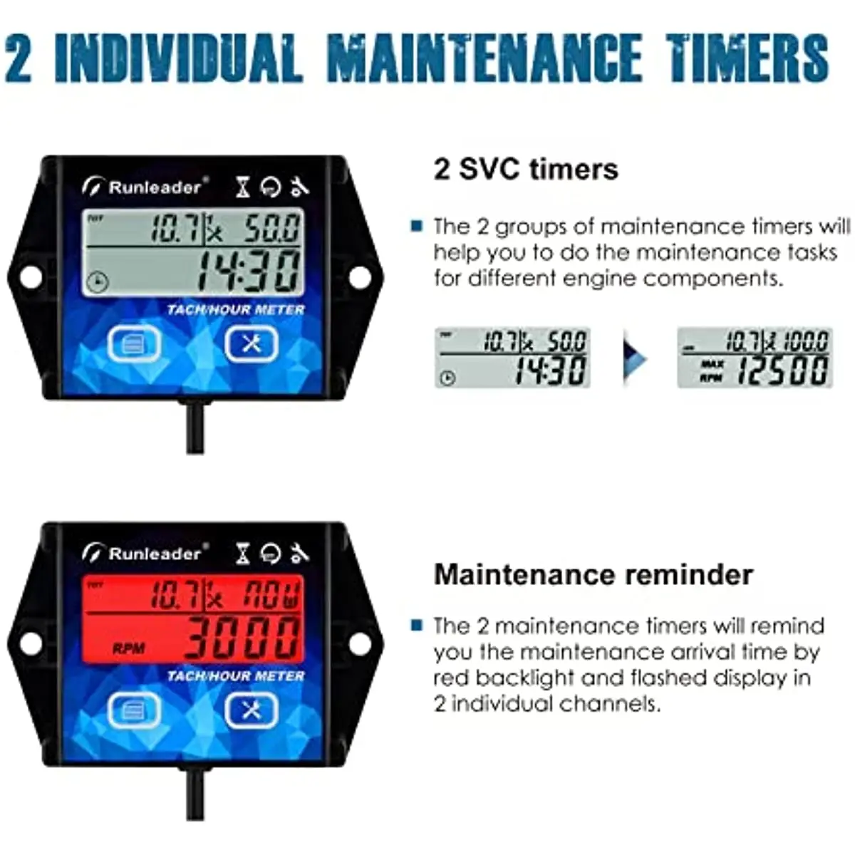 Digital Hour Meter Tachometer Gauge RPM Alert Backlights Display Battery Replaceable for 2/4 Stroke Small Gas Engine Motorcycle