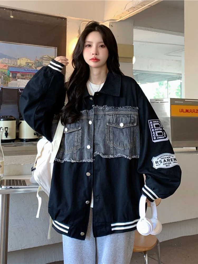 Jmprs Streetwear American Style Denim Coats Patchwork Vintage Designed Loose Female Jeans Y2K 90S Jacket New
