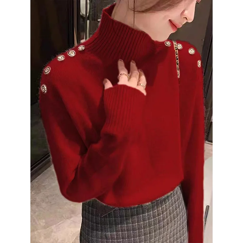 Women Clothing Soft Comfort Elegant Turtleneck Sweater Autumn Winter Loose Exquisite Button Apricot Tops Thick Warm Knitwear