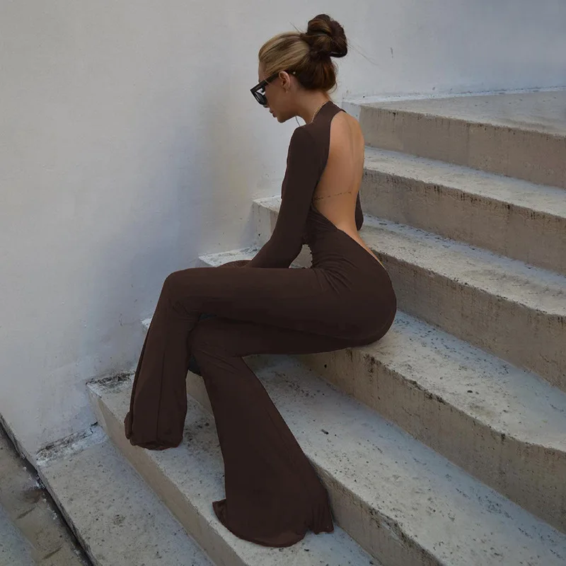 

Женский осенний повседневный комбинезон с длинным рукавом и круглым вырезом, облегающий, однотонный черный, сексуальный, с открытой спиной, с широкими штанинами, в уличном стиле