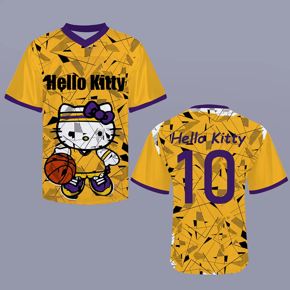 

2025 Summer Women's Hello Kitty print Fashion V-Neck T-Shirt basketball Jersey Loose Breathable Quick Drying Mclaren Sportswear
