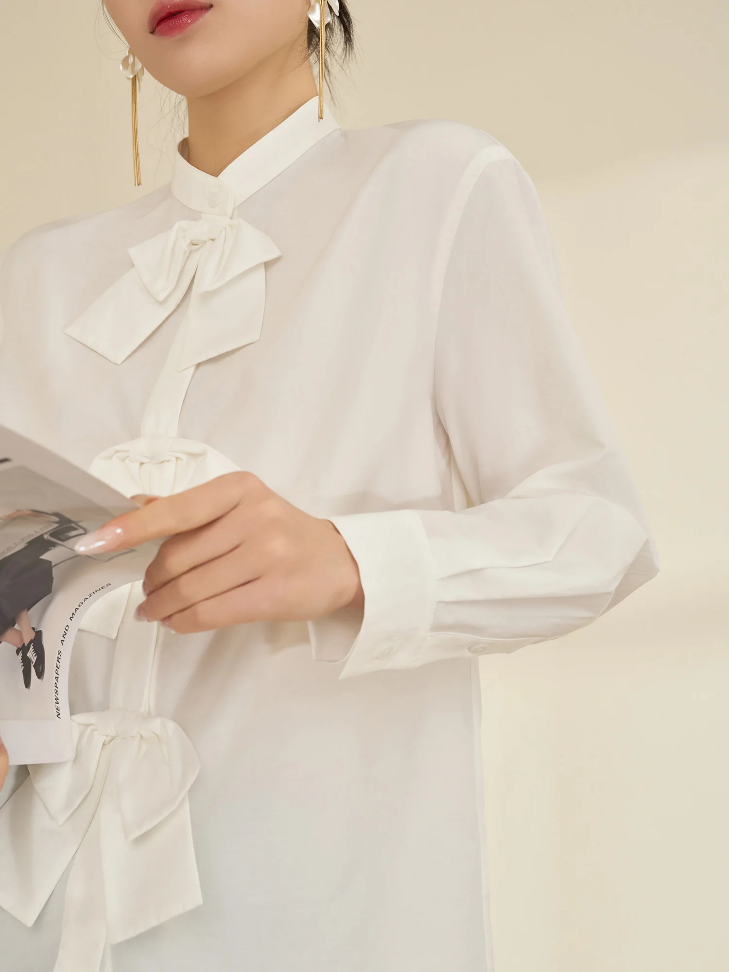 

Ele White irt with Knot Decoration Stand Collar Women's Spring New Sle Simple Commute Sle Loose Fit Polye...