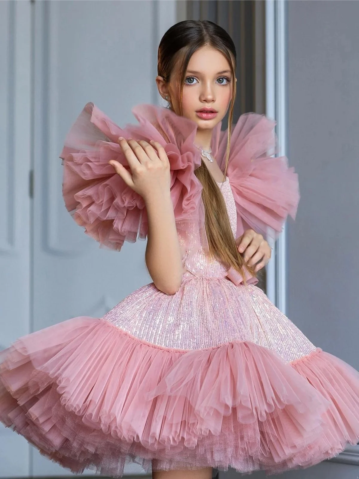 Robe de soirée en tulle à paillettes pour filles, robe à manches bouffantes, robe éducative pour tout-petits, concours de beauté, longueur au-dessus du genou