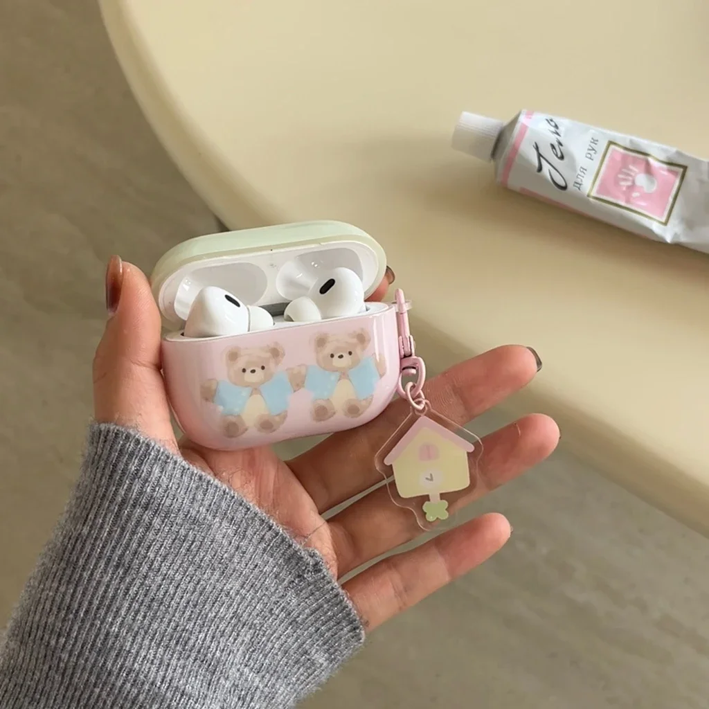 Cute Cartoon Little Bear Pink Color Collision Splicing House Pendant Case Cover for AirPods 1 or 2 3 4 AirPods Pro Pro 2