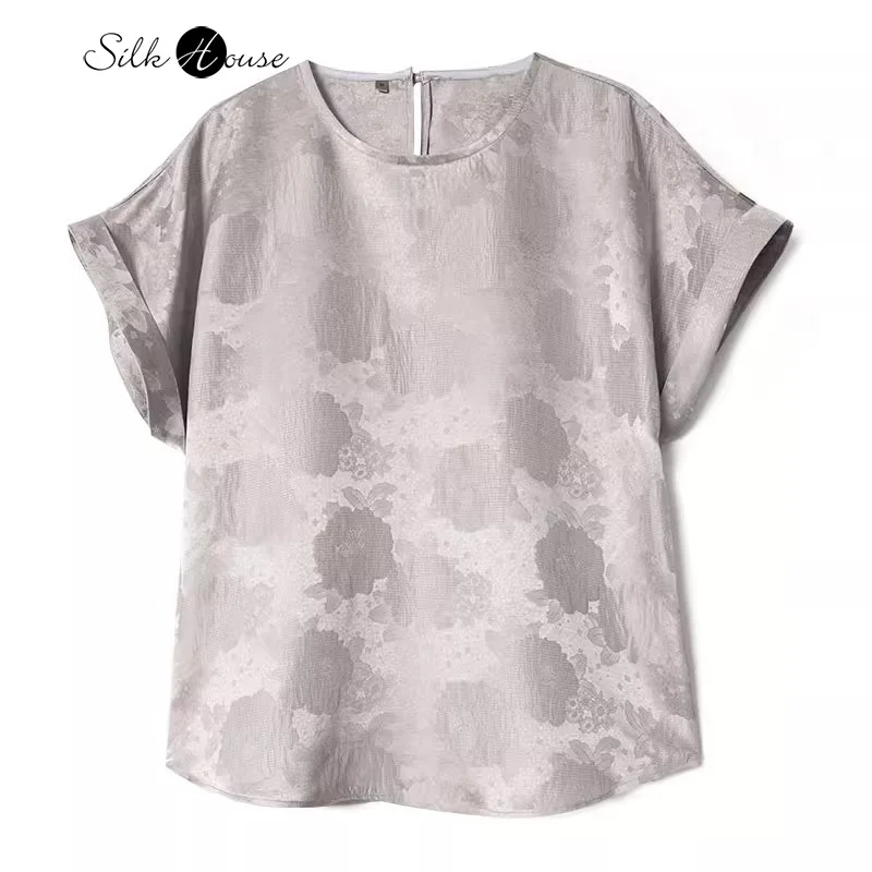 

High Quality 100% Natural Mulberry Silk Rosy Clouds Crepe Gray Silver Silk Peony Comfortable Flanged Short Sleeved T-shirt