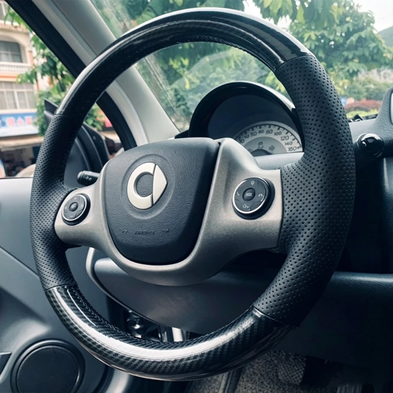 

Hand Sewing Car Steering Wheel Cover Leather for Smart Fortwo Anti-slip Breathable DIY Wrap Black Stitch Car Interior Accessory