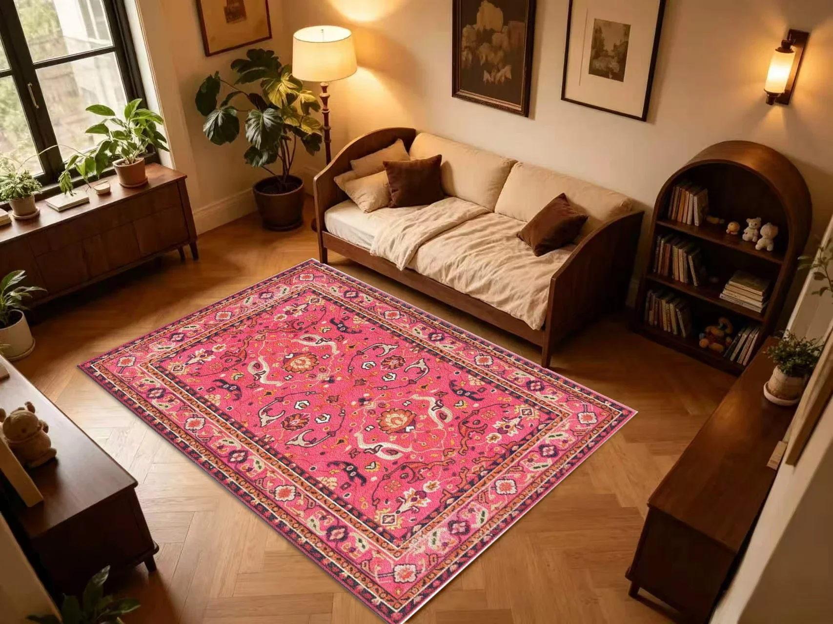 Bright Pink Bohemian Square Area Rug Retro Ethnic Geometric Printed Floor Carpet for Living Room Bedroom Home Decor