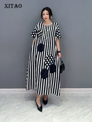 XITAO Korea Striped Dresses Patchwork Female Appear Thin 2023 Summer Women New Arrival Fashion All Match O-neck DMJ1159