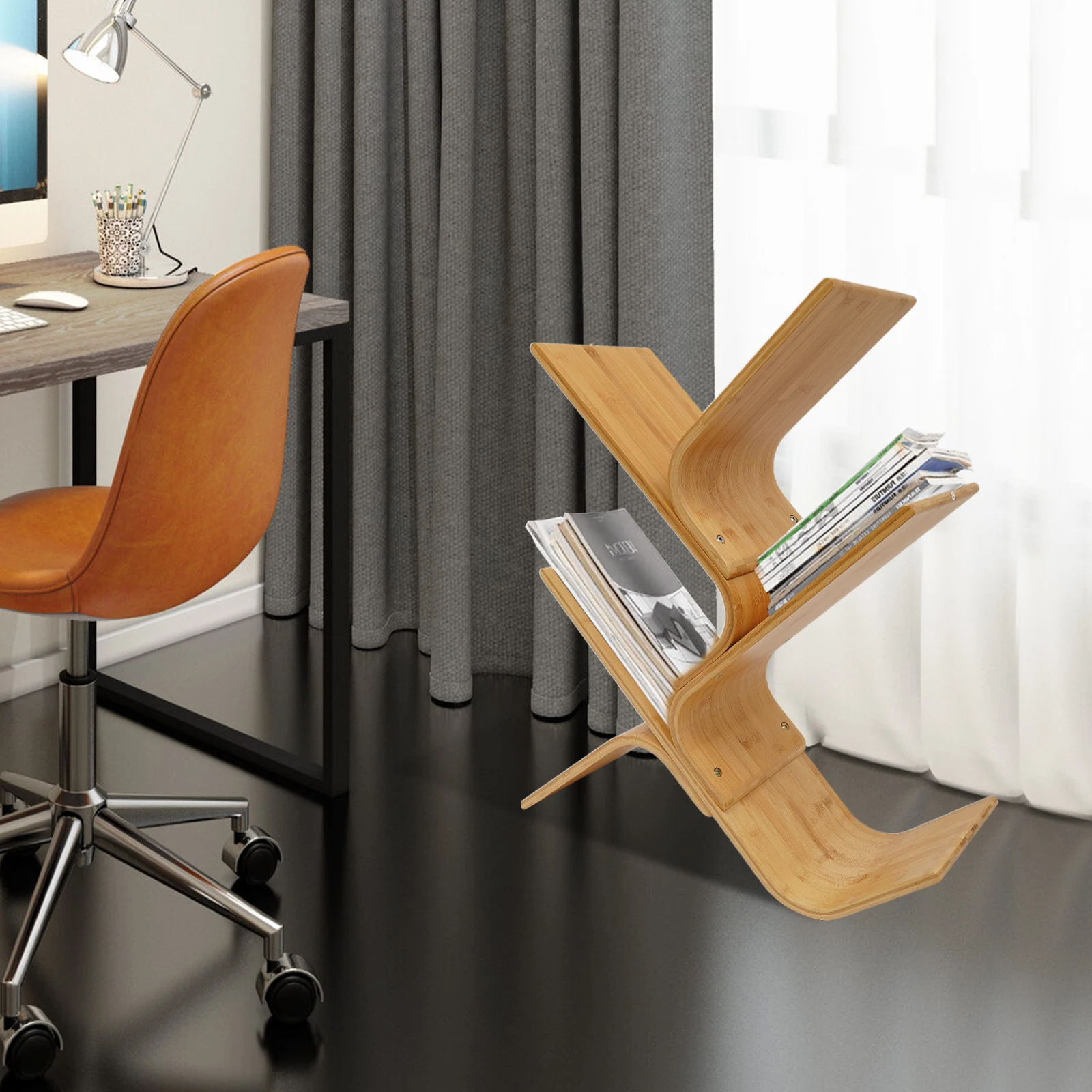 

4-Tiers Bamboo Standing Bookshelf Living Room Tree-Shaped Curved Rack Bedroom Book Shelf