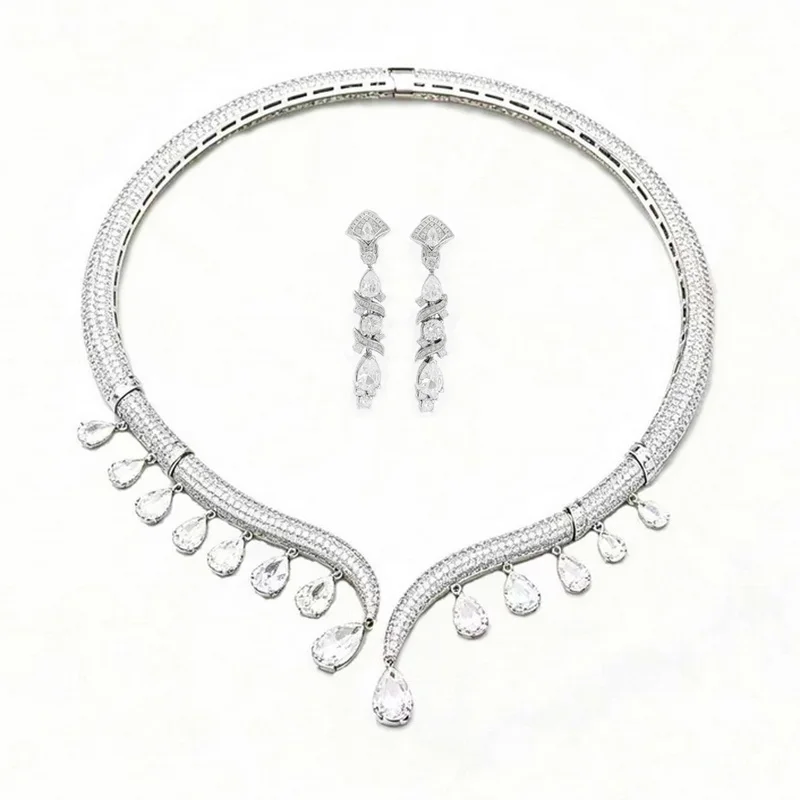 Vintage Fashion Style Earrings Necklace Women Lady Inlay Czech Zircon Teardrop-shaped Tassels Pendant Choker Party Jewelry Sets