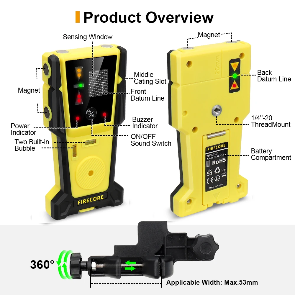 FIRECORE Red Green Laser Level Receiver Detector For F93T-XG/F94T-XG/F504T-XG/F95T-3G/F95T-4G/F304T-XG/G30/G50/G60