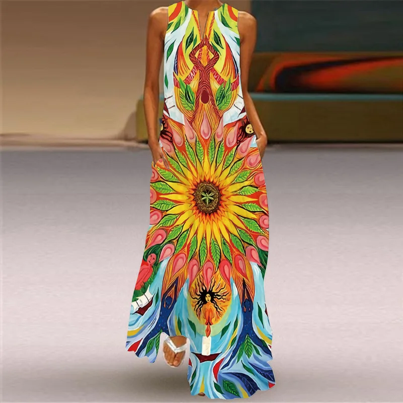 Casual Love Boho Dress 2024 New Popular Elegant White Background Colorful Butterfly Print Dress Loose Sleeveless Beach Dresses