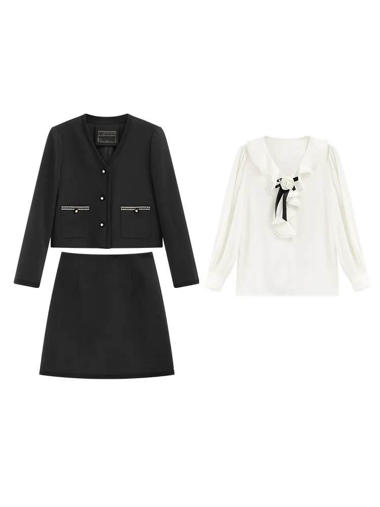 Elegantes schickes zweiteiliges Set für Damen, schwarz, abgeschnittener Blazer, Jacke, Goldknopf, hohe Taille, Minirock, weiße Rüschenbluse, Outfit, Herbst