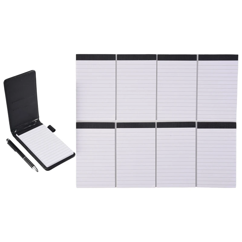 

10Pcs Mini Pocket Notepad Holder Set With Metal Pen And Pocket Notebook Refills (Black)