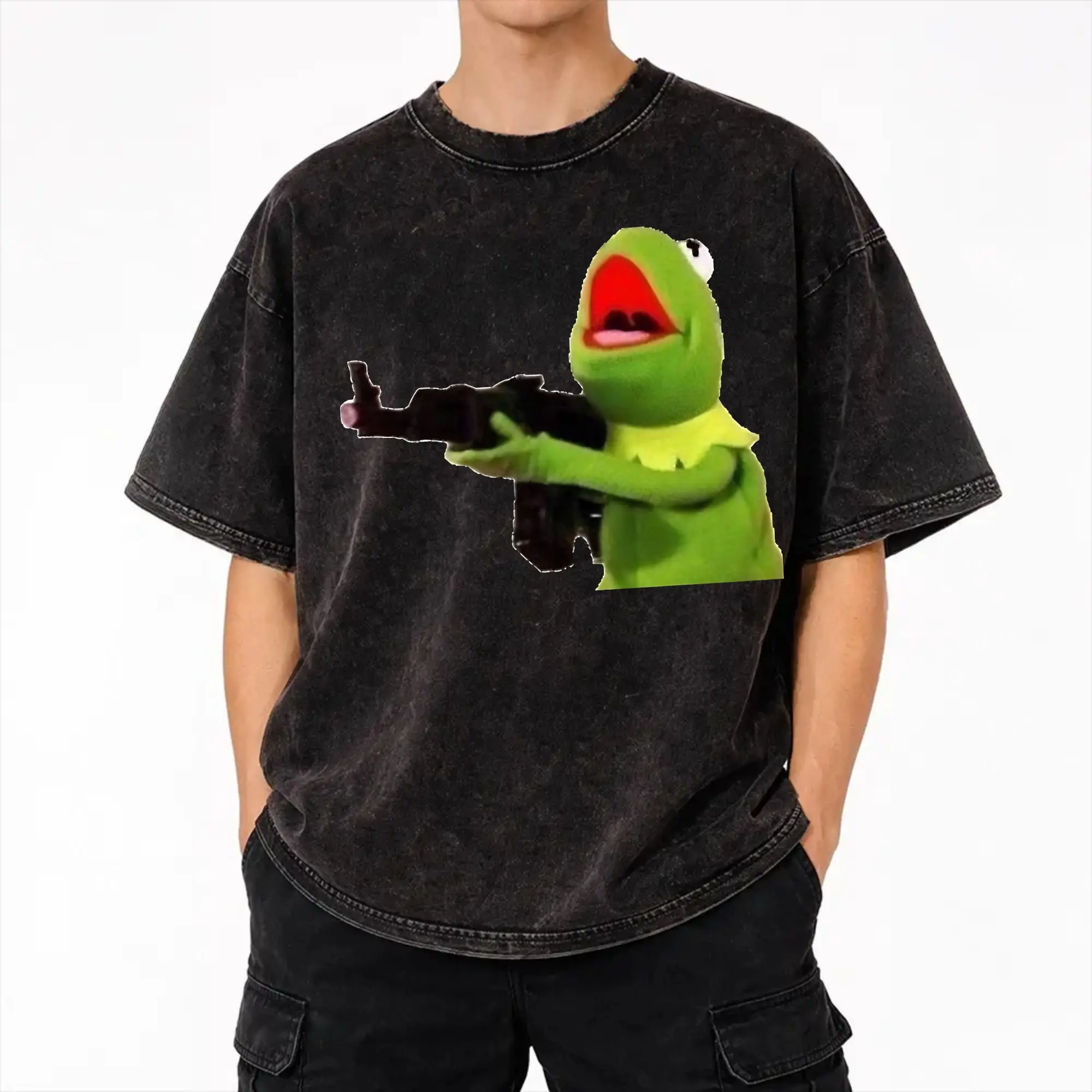 Harajuku Washed Shirts Kermits the Frog Accessories Vintage T Shirt Oversize  Streetwear Short Sleeve Summer Tops Tees