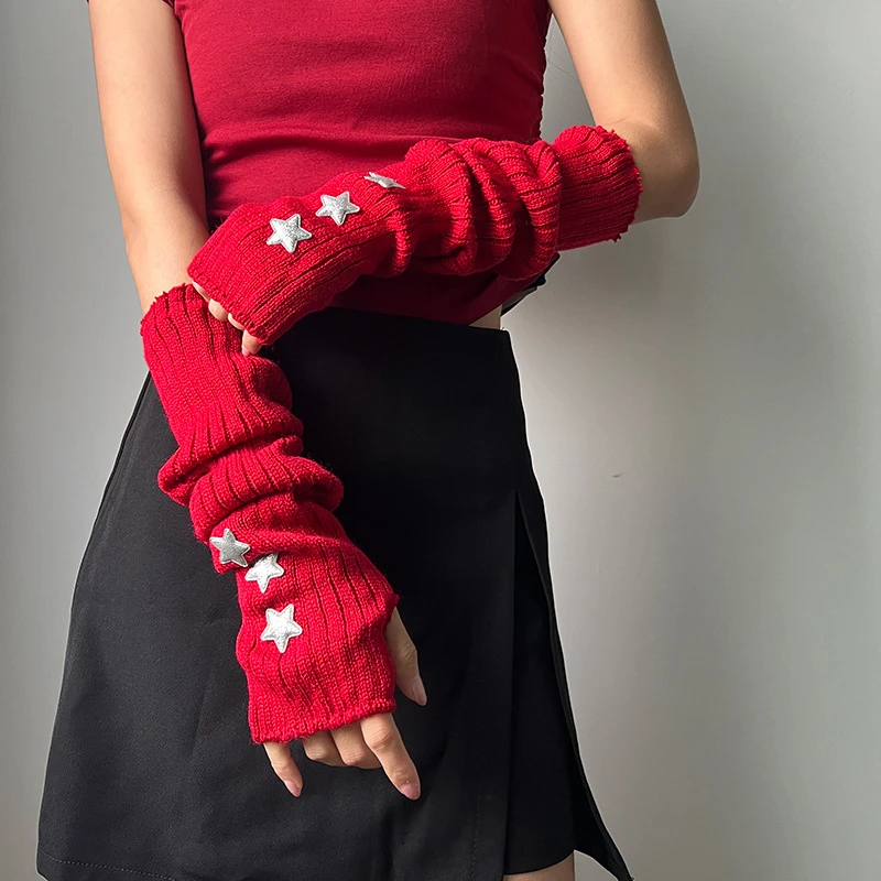 Copribraccio rosso lavorato a maglia Hip-Hop maniche lunghe senza dita Decorazione gomito elastico Guanti con foro per il pollice Adolescenti Cosplay