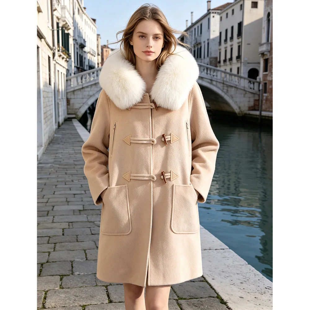 Maomaokong Women Real Fox Fur Collar Duffle Coat Autumn Winter Wool Button Mid-Length Hooded Wool Coat Casual Loose Outerwear