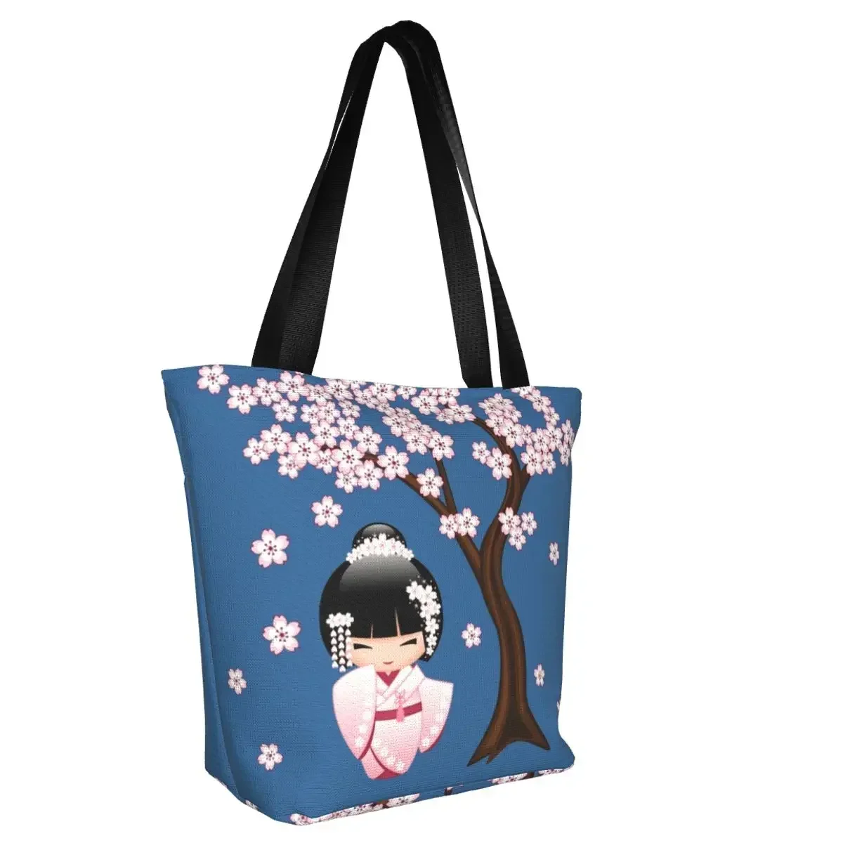 Kawaii Printing Japanese Bride Kokeshi Doll Shopping Tote Bag Recycling Canvas Shopper Shoulder Sakura Geisha Handbag