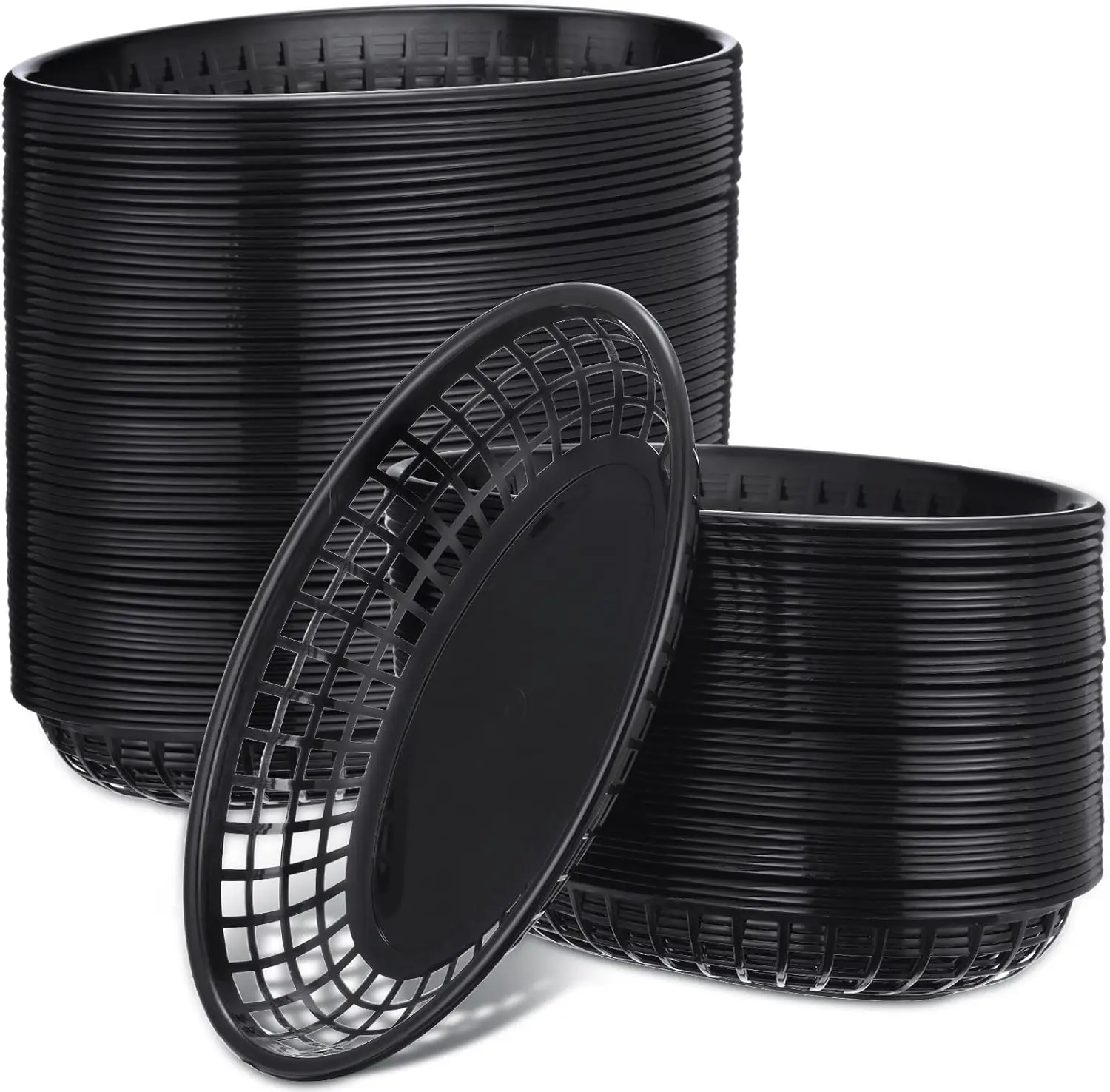 

100 Pcs Black Plastic Fast Food Baskets, Reusable Oval Serving Trays for Restaurant Supplies