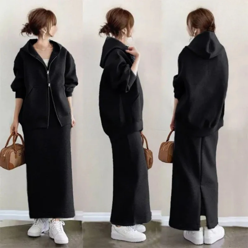 Damen Zweiteiler-Set mit Rock, Langarm-Kapuzenjacke mit Reißverschluss, Langer A-Linien-Rock mit Hoher Taille, Y2k Streetwear, Elegante Arbeitskleidung für den Frühling
