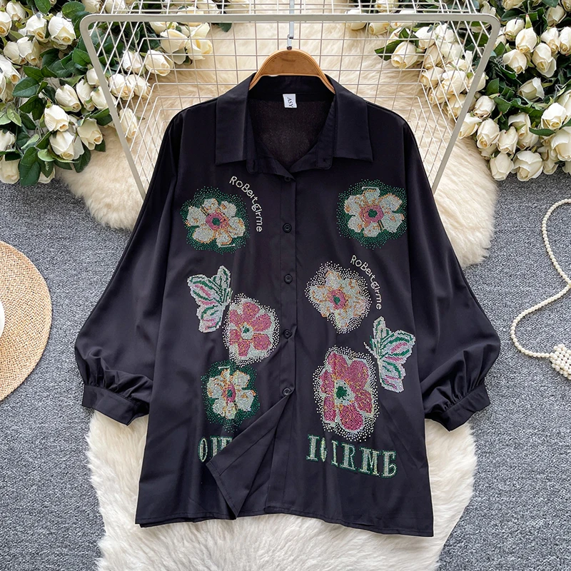 Camisa con cuello tipo Polo y mangas acampanadas para mujer, Top holgado con estampado en caliente y estampado de diamantes, estilo europeo americano, C367