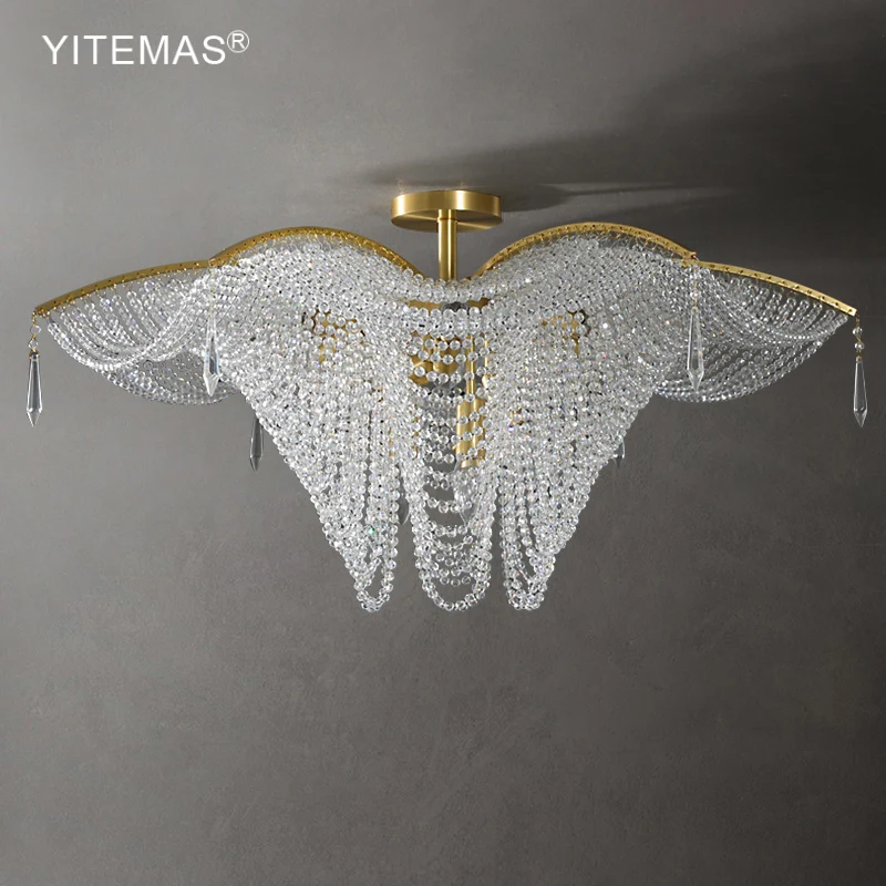 Modern Crystal Ceiling Chandelier Gold Flush Mount Light Crystal Beads Tassel Ceiling Lamp Fringe Design For Living Room Bedroom