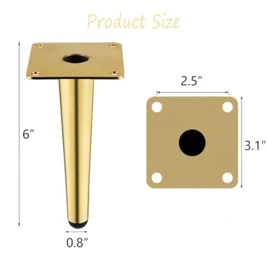 6 Inch Gold Furniture Couch Cabinet Dresser Legs Set of 4 Modern Replacement Straight Metal Furniture Legs Feet Heavy Duty for
