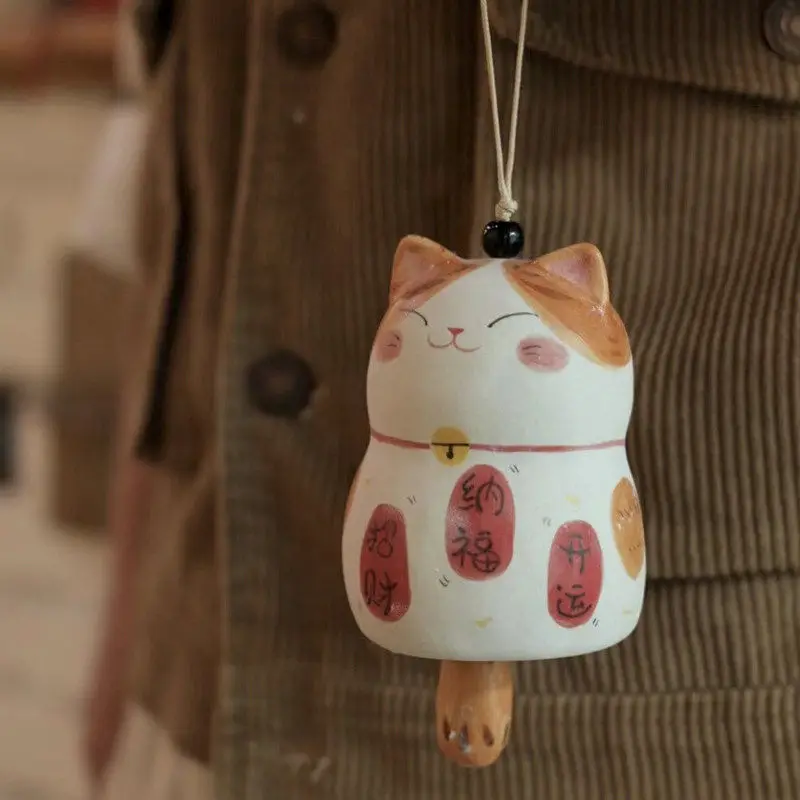 Handmade Ceramic Lucky Cat Wind Chimes Pendant Outdoor Courtyard Balcony Micro Landscape Animal Wind Chimes Garden Decoration